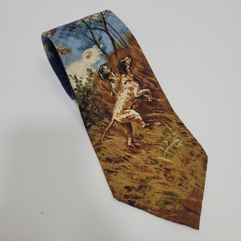 Hathaway Hunting Pointer Dog Graphic Print Silk Neck Tie Novelty Gorpcore Indie